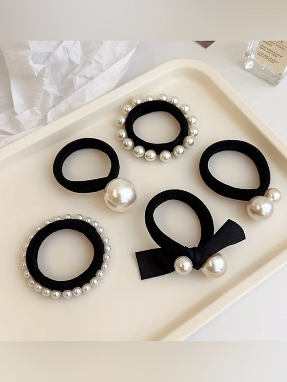 Black Pearl-Embellished Hair Tie Set — Women Accessories